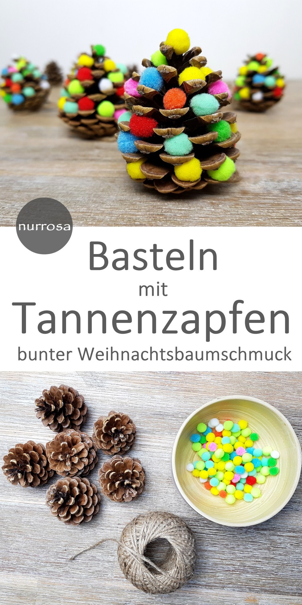 Basteln mit Tannenzapfen bunter Weihnachtsbaumschmuck